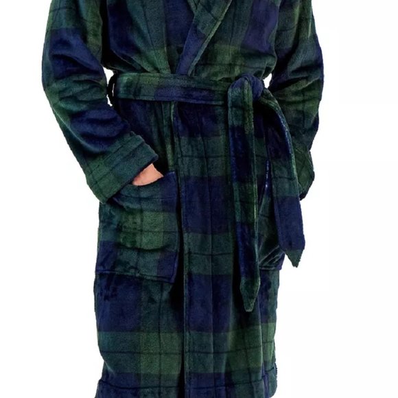 new Sz L/XL Club Room Men's Super-Soft Pajama Robe in EMERALD GREEN BLUE TARTAN - Picture 5 of 6